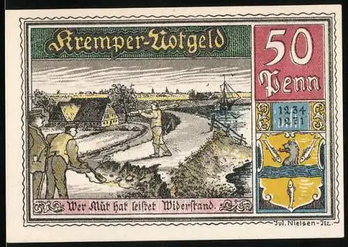 Notgeld Krempe, 1921, 50 Pfennig, ländliche Szene mit Arbeitern, Rückseite mit Narr und Text