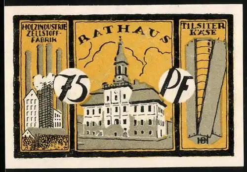 Notgeld Tilsit / Memelland 1921, 75 Pf, Rathaus, Holzindustrie Zellstofffabrik, Tilsiter Käse, Seriennummer 034453