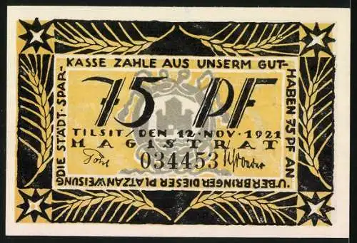 Notgeld Tilsit / Memelland 1921, 75 Pf, Rathaus, Holzindustrie Zellstofffabrik, Tilsiter Käse, Seriennummer 034453