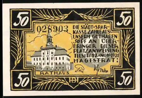 Notgeld Tilsit / Memelland 1921, 50 Pfennig, Rathaus und Käseabbildung mit Bienen