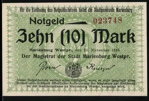 Notgeld Marienburg 1918, 10 Mark, grün mit roter Seriennummer und Siegel, Sammlerstück, ausser Kurs