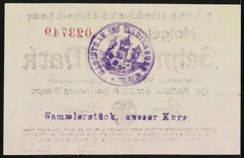 Notgeld Marienburg 1918, 10 Mark, grün mit roter Seriennummer und Siegel, Sammlerstück, ausser Kurs