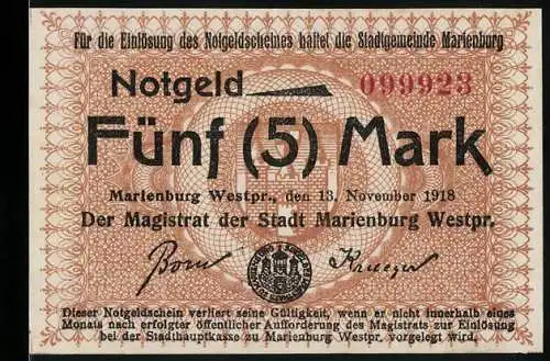 Notgeld Marienburg Westpr. 1918, Fünf (5) Mark, Sammlerstück mit Siegel und Unterschriften