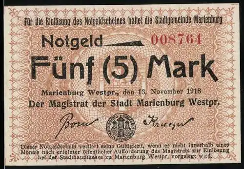 Notgeld Marienburg Westpr., 1918, Fünf (5) Mark, Seriennummer 008764, Magistrat der Stadt Marienburg /Westpr.