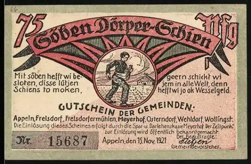 Notgeld Appeln 1921, 75 Pfennig, Gutschein der Gemeinden mit bäuerlicher Szene und Fabrikansicht