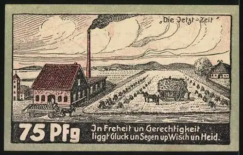 Notgeld Appeln 1921, 75 Pfennig, Gutschein der Gemeinden mit bäuerlicher Szene und Fabrikansicht