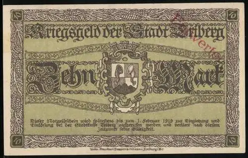 Notgeld Triberg 1918, 10 Mark, Kriegsnotgeld der Stadt Triberg mit Wappen und Gültigkeitsvermerk
