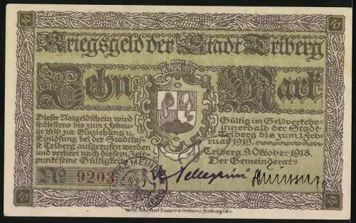 Notgeld Triberg 1918, 10 Mark, Kriegsnotgeld der Stadt Triberg mit Wappen und Gültigkeitsvermerk