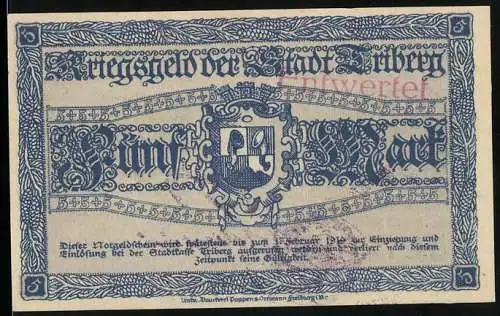 Notgeld Triberg, 1918, 5 Mark, Kriegsfeld der Stadt Triberg mit Wappen und Gültigkeitsvermerk