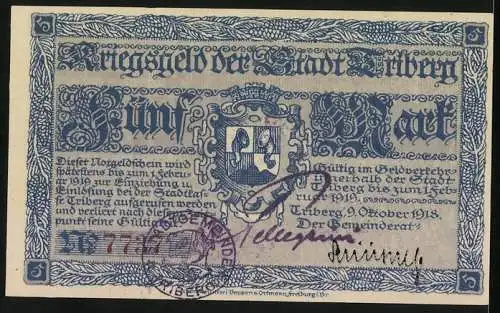 Notgeld Triberg, 1918, 5 Mark, Kriegsfeld der Stadt Triberg mit Wappen und Gültigkeitsvermerk