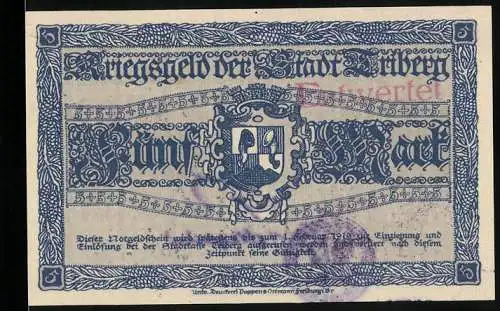 Notgeld Triberg 1918, 5 Mark, Wappen, Stempel Entwertet, Rückseitig Gemeindestempel & Unterschrift