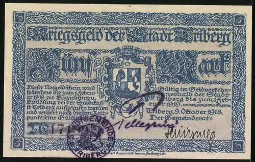 Notgeld Triberg 1918, 5 Mark, Wappen, Stempel Entwertet, Rückseitig Gemeindestempel & Unterschrift