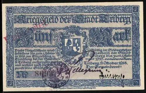 Notgeld Triberg, 1918, 5 Mark, Kriegsgeld der Stadt Triberg mit Wappen und Unterschriften, blaues Design
