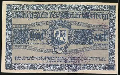 Notgeld Triberg, 1918, 5 Mark, Kriegsgeld der Stadt Triberg mit Wappen und Unterschriften, blaues Design