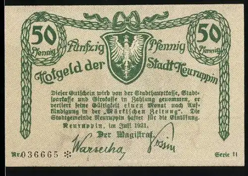 Notgeld Neuruppin, 1921, 50 Pfennig, Stadtwappen und prassender Altersrentner