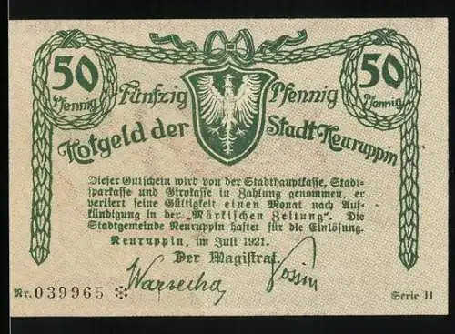 Notgeld Neuruppin, 1921, 50 Pfennig, Stadtwappen und Familienbild im Bett