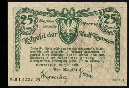 Notgeld Neuruppin, 1921, 25 Pfennig, Stadtwappen und Karikatur Onkel Fritz aus Neuruppin