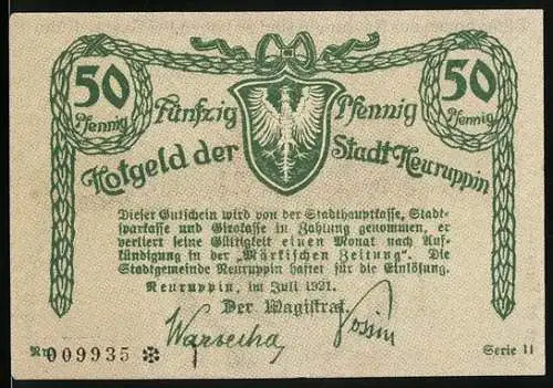 Notgeld Neuruppin 1921, 50 Pfennig, Vorderseite mit Adler und Rückseite mit drei Männern auf einem Steg