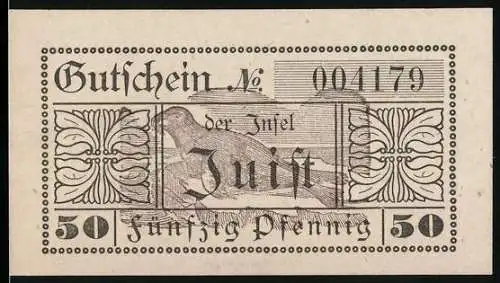 Notgeld Juist 1919, 50 Pfennig, Gutschein der Insel mit Robbe und Seriennummer 004179