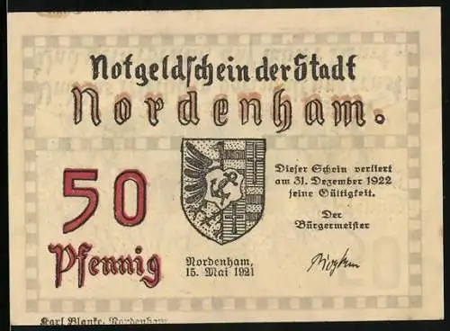 Notgeld Nordenham, 1921, 50 Pfennig, Stadtwappen und Schriftzug auf der Vorderseite, Wald und Haus auf der Rückseite