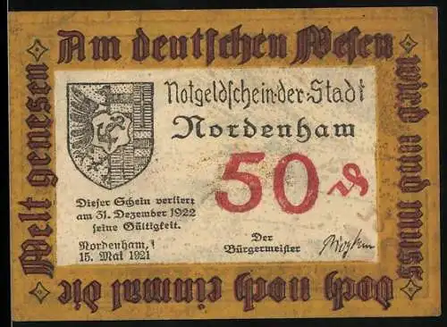 Notgeld Nordenham 1921, 50 Pfennig, Stadtwappen und Landschaftsszene