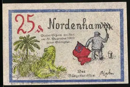 Notgeld Nordenham 1922, 25 Pfennig, Frosch und Mann mit Flagge, Rückseite mit Schiffswerften und Kartenmotiv