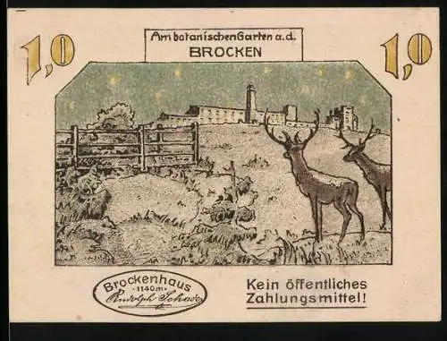 Notgeld Brocken, 1 Mark, Am botanischen Garten a.d. Brocken, Hirschmotiv, Gültigkeit sechs Monate