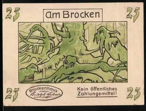 Notgeld Brocken, 25 Pfennig, Am Brocken und Märchenwald, Kein öffentliches Zahlungsmittel, Brockenhaus 1140m