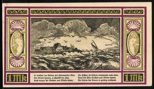 Notgeld Hallig Oland, 1921, 1 Mark, Sturm über Dorf und Gültigkeitserklärung bis Mai 1922