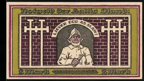 Notgeld Hallig Oland, 1921, 2 Mark, Mann mit Hammer und Karte der Hallig Oland, mit Schriftzug Liever düd as Sklav!