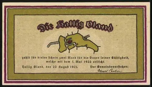 Notgeld Hallig Oland, 1921, 2 Mark, Mann mit Hammer und Karte der Hallig Oland, mit Schriftzug Liever düd as Sklav!