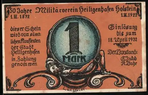 Notgeld Heiligenhafen 1922, 1 Mark, 50 Jahre Militärverein - Einlösung bis 18. April 1922