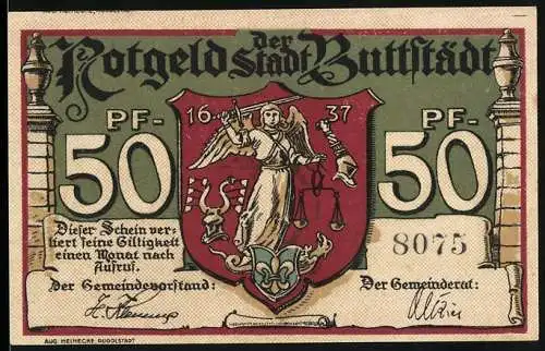 Notgeld Buttstädt, 1921, 50 Pfennig, Front mit Wappen und Justitia, Rückseite mit Stadtansicht