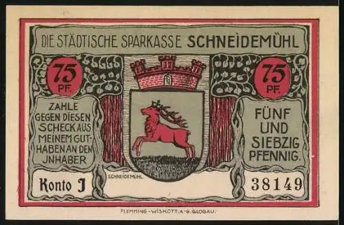 Notgeld Schneidemühl, 75 Pf, Flugzeuge der ehemaligen Fliegerschule und Sparkasse, Wappen mit Hirsch und Turm, Konto J