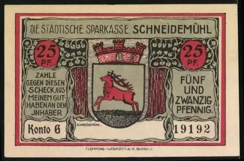 Notgeld Schneidemühl, 25 Pf, Marktplatz mit ev. Kirche und Stadtwappen, Städtische Sparkasse Schneidemühl