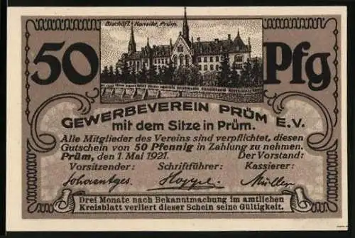 Notgeld Prüm 1921, 50 Pfennig, Gewerbeverein Prüm E.V., Bischöf. Konvikt Prüm und St. Salvator-Basilika