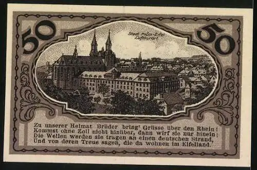 Notgeld Prüm 1921, 50 Pfennig, Gewerbeverein Prüm E.V., Bischöf. Konvikt Prüm und St. Salvator-Basilika