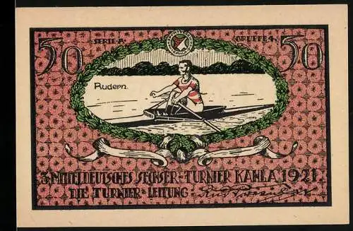 Notgeld Kahla 1921, 50 Pfennig, Rudern und Sportverein Emblem