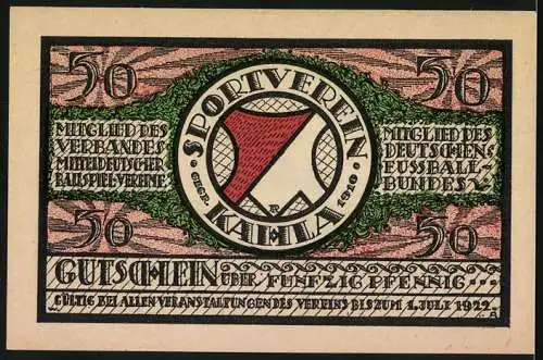 Notgeld Kahla 1921, 50 Pfennig, Rudern und Sportverein Emblem