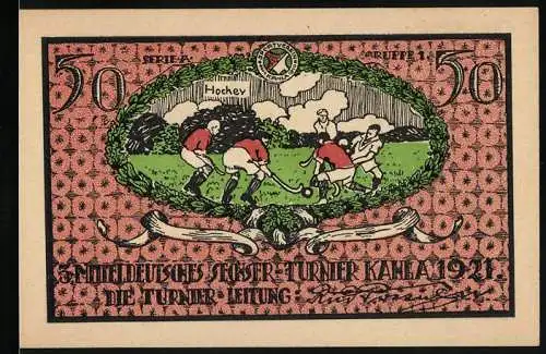 Notgeld Kahla 1921, 50 Pfennig, Sportverein mit Hockeyspielern und Vereins-Logo