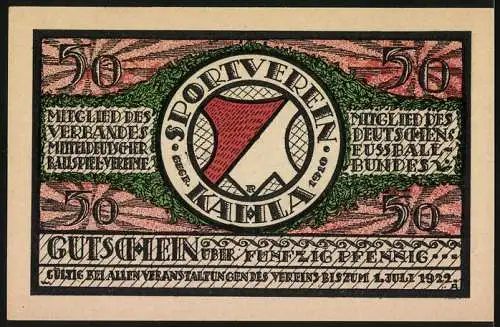 Notgeld Kahla 1921, 50 Pfennig, Sportverein mit Hockeyspielern und Vereins-Logo