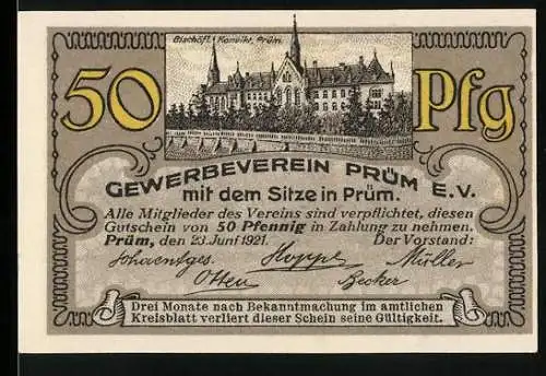 Notgeld Prüm 1921, 50 Pfennig, 1200 jähriges Jubiläum Abtei und Stadt Prüm, Bischofs-Kastell und Heimatlied