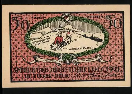 Notgeld Kahla 1921, 50 Pfennig, Wintersport-Rodeln und Sportverein Gutscheine