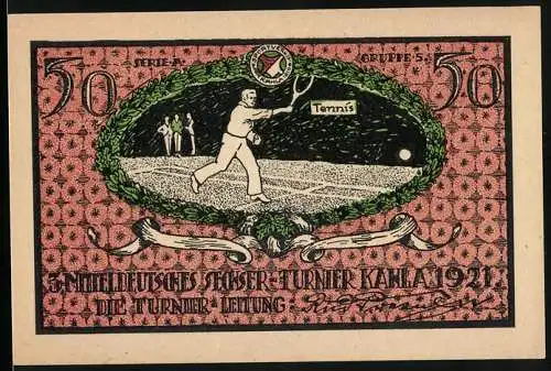 Notgeld Kahla 1921, 50 Pfennig, Tennis-Spieler und Logo des Sportvereins