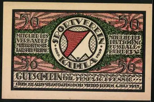 Notgeld Kahla 1921, 50 Pfennig, Tennis-Spieler und Logo des Sportvereins