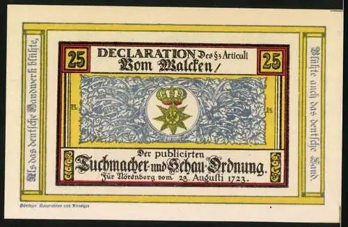 Notgeld Nörenberg 1921, 25 Pfennig, Kunstvolle Darstellung und historische Verordnung von 1723