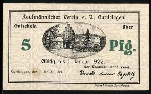 Notgeld Gardelegen 1921, 5 Pfennig, Kaufmännischer Verein mit Stadtansicht und Otto Reutter Zitat