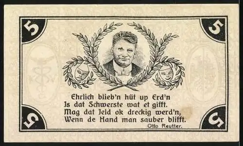 Notgeld Gardelegen 1921, 5 Pfennig, Kaufmännischer Verein mit Stadtansicht und Otto Reutter Zitat