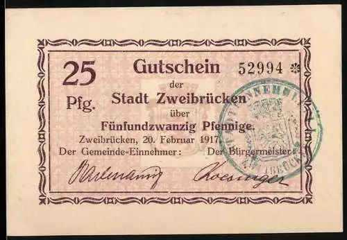 Notgeld Zweibrücken, 1917, 25 Pfennig, Gutschein der Stadt Zweibrücken über fünfundzwanzig Pfennige