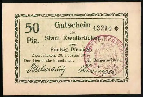 Notgeld Zweibrücken, 1917, 50 Pfennig, Gutschein der Stadt Zweibrücken, mit Unterschriften und Stempel